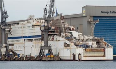Brittany Ferries' LNG-powered HONFLEUR – seen here alongside the outfitting quay in late May – is the only vessel in FSG's current orderbook. © Frank Lose Brittany Ferries' LNG-powered HONFLEUR – seen here alongside the outfitting quay in late May – is the only vessel in FSG's current orderbook. © Frank Lose