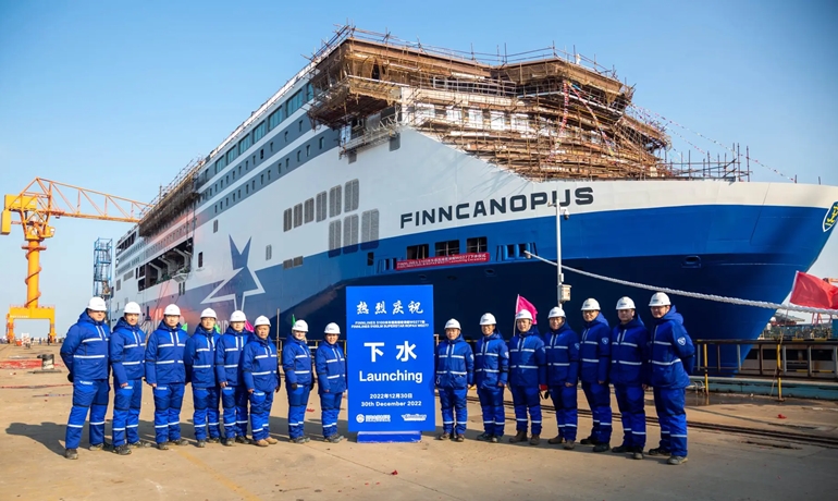 Finnlines’ second new Superstar passenger-freight vessel FINNCANOPUS was launched 30 December © Finnlines