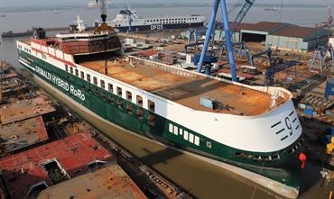 Grimaldi Lines' fourth GG5G mega ro-ro was floated out on 17 August. © Jinling Shipyard Grimaldi Lines' fourth GG5G mega ro-ro was floated out on 17 August. © Jinling Shipyard