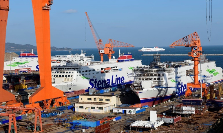 Four ro-pax ferries built by CMI Jinling Weihai Shipyard - left to right: STENA ESTRID, STENA EDDA and STENA EMBLA. In the background is the 2018-built NEW GRAND PEACE, the first ever ro-pax built by the yard. © CMI Jinling Weihai Shipyard