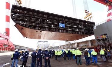 The first block of WONDER OF THE SEAS is lifted into the building dock © RCI