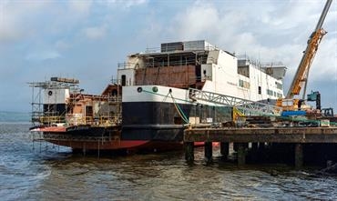 The unfinished GLEN SANNOX has been shifted to Dales Marine Services’ Garvel Clyde Dry Dock in Greenock. © Maritime Photographic