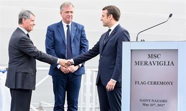 Gianluigi Aponte, Pierfrancesco Vago and Emmanuel Macron © MSC Cruises