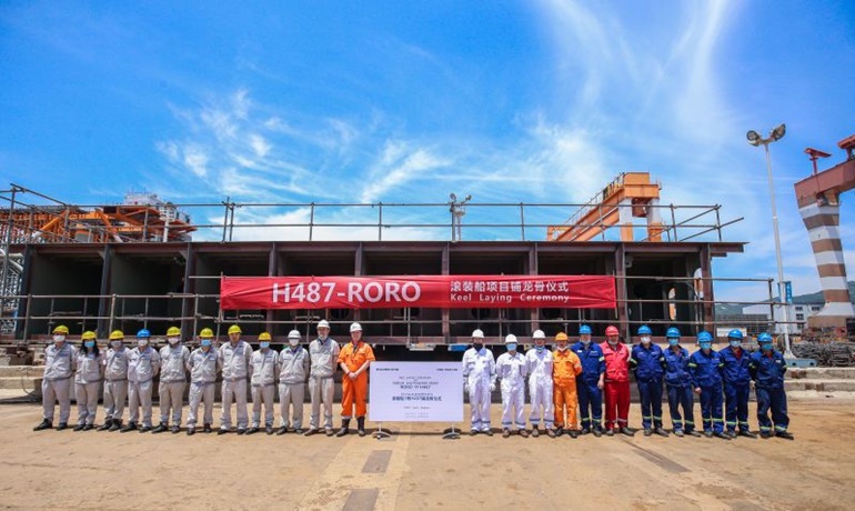 Keel-laying ceremony of Wallenius SOL’s first LNG-powered, 5,800-lanemetre capacity ro-ro on 22 June. © CIMC Raffles
