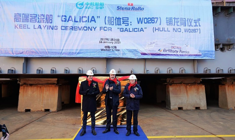 GALICIA keel laying ceremony - Brittany Ferries' Christophe Mathieu in the middle © AVIC Ship