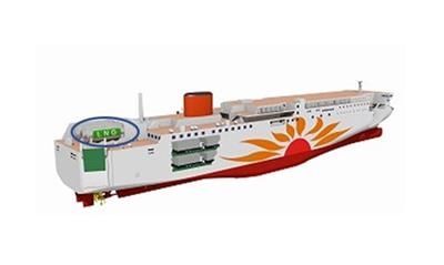 Artist's impression of Ferry Sunflower's LNG-powered newbuilds with on-deck LNG tanks © Mitsui O.S.K. Lines