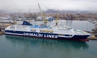 The lengthened, upgraded and freshly painted CRUISE ROMA is now a hybrid ferry with scrubbers © Grimaldi Group The lengthened, upgraded and freshly painted CRUISE ROMA is now a hybrid ferry with scrubbers © Grimaldi Group