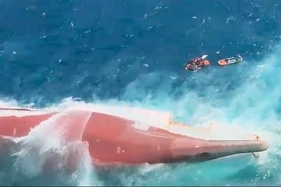 Arial view of the capsized VIRGO TRANSPORT 8 © Screenprint from video published by the Indonesian Coast Guard
